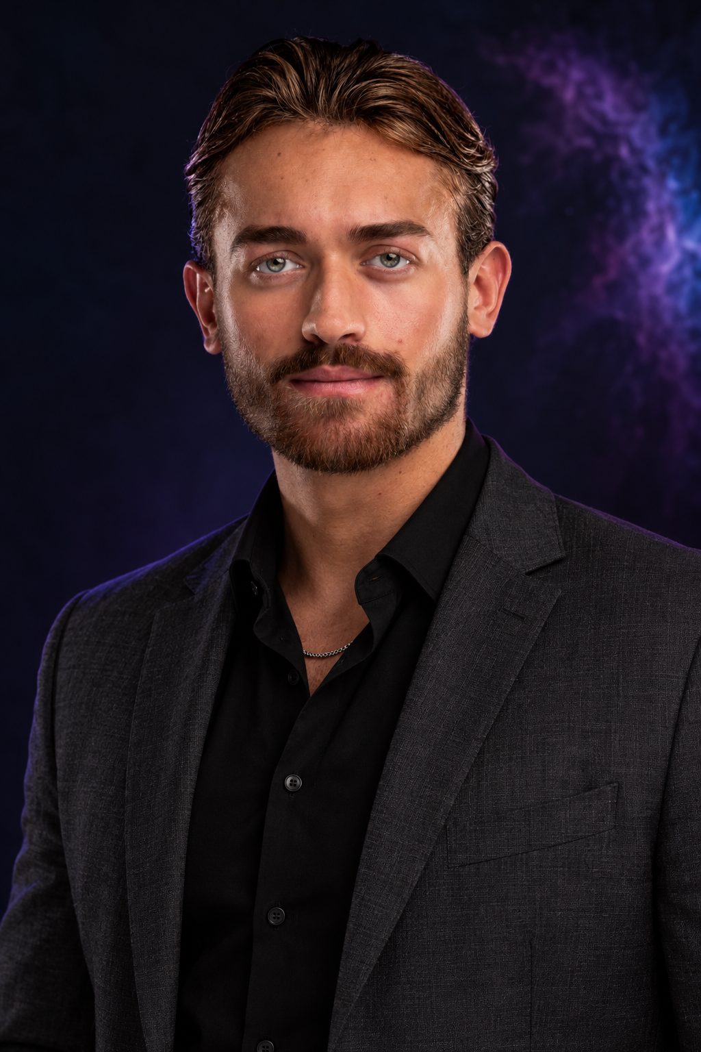 Portrait of Jake Woodworth, Co-Founder of Nebulight Creative, in a charcoal suit and black shirt against a dark violet backdrop