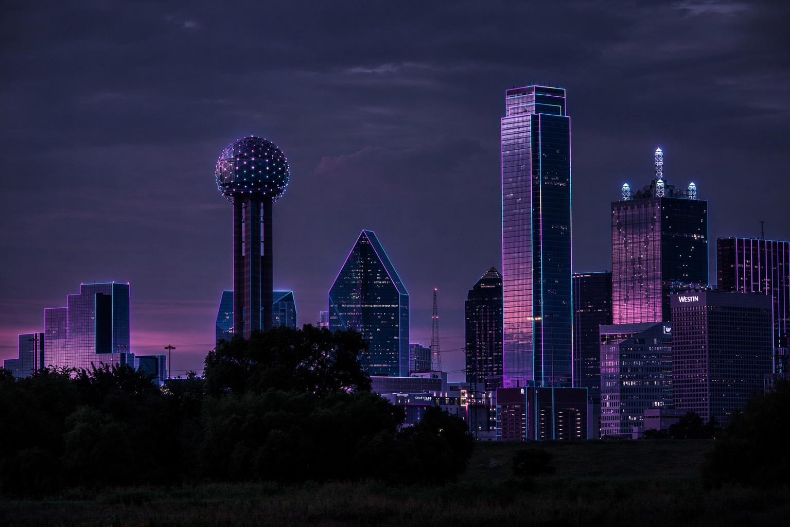 The Dallas skyline at dusk, with Reunion Tower on the left