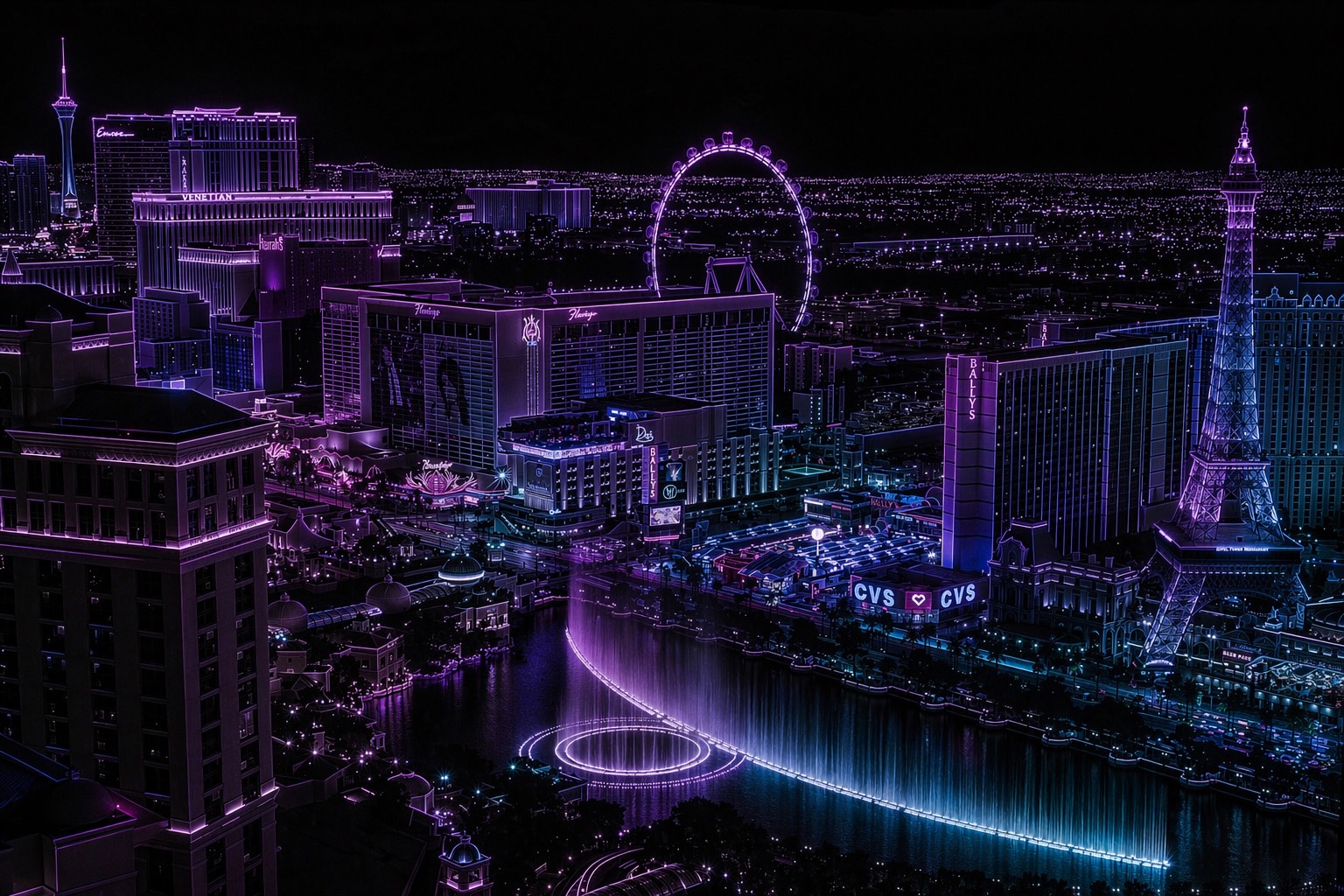 The Las Vegas Strip at night, with the observation wheel and fountains lit in violet and cyan