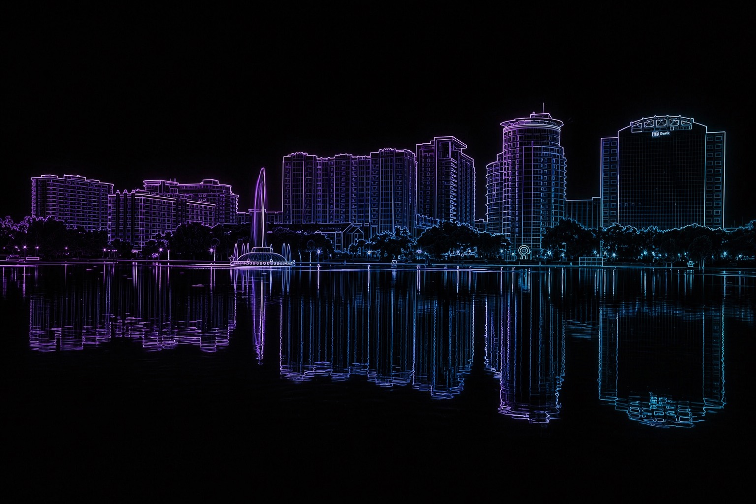 The Orlando skyline at night, reflected in still water