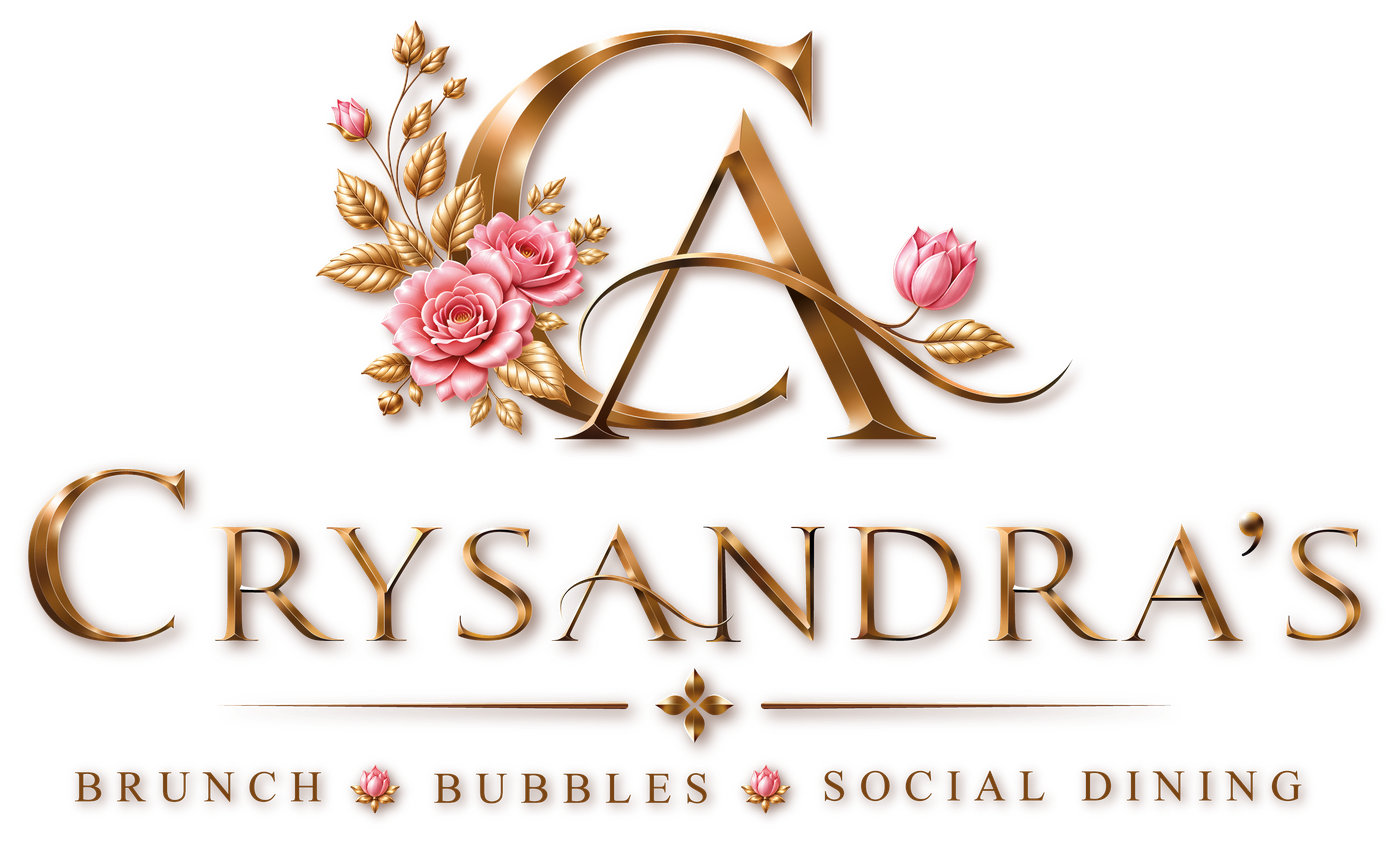 Crysandra’s — the primary logo: the floral CA monogram above the Crysandra’s wordmark in metallic gold, with the tagline Brunch, Bubbles, Social Dining