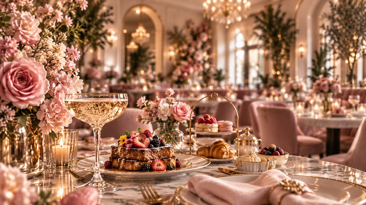 Concept visualization: a brunch table at Crysandra’s set with French toast, pastries and coupes of champagne beneath chandeliers and roses