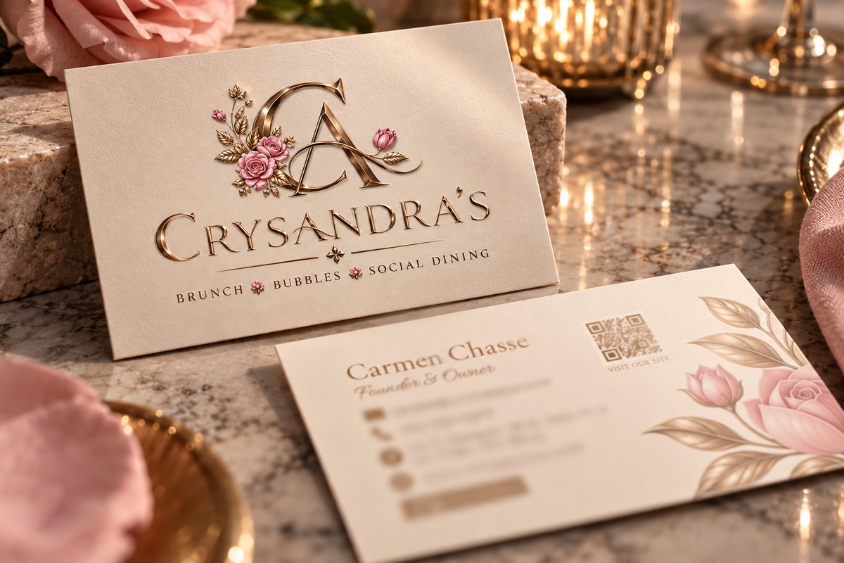 Visualization of the Crysandra’s business cards designed by Nebulight: the full logo on ivory stock, and a reverse with contact details and floral artwork, on marble