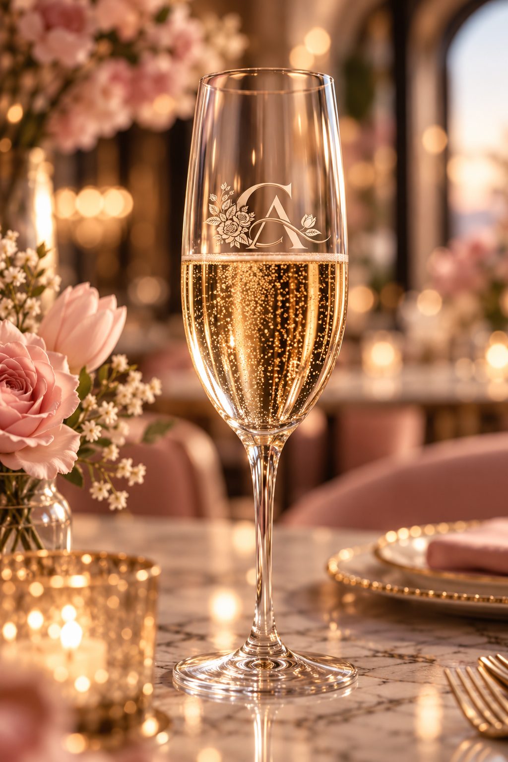 Concept visualization: a champagne flute etched with the CA monogram, catching candlelight in a blush dining room