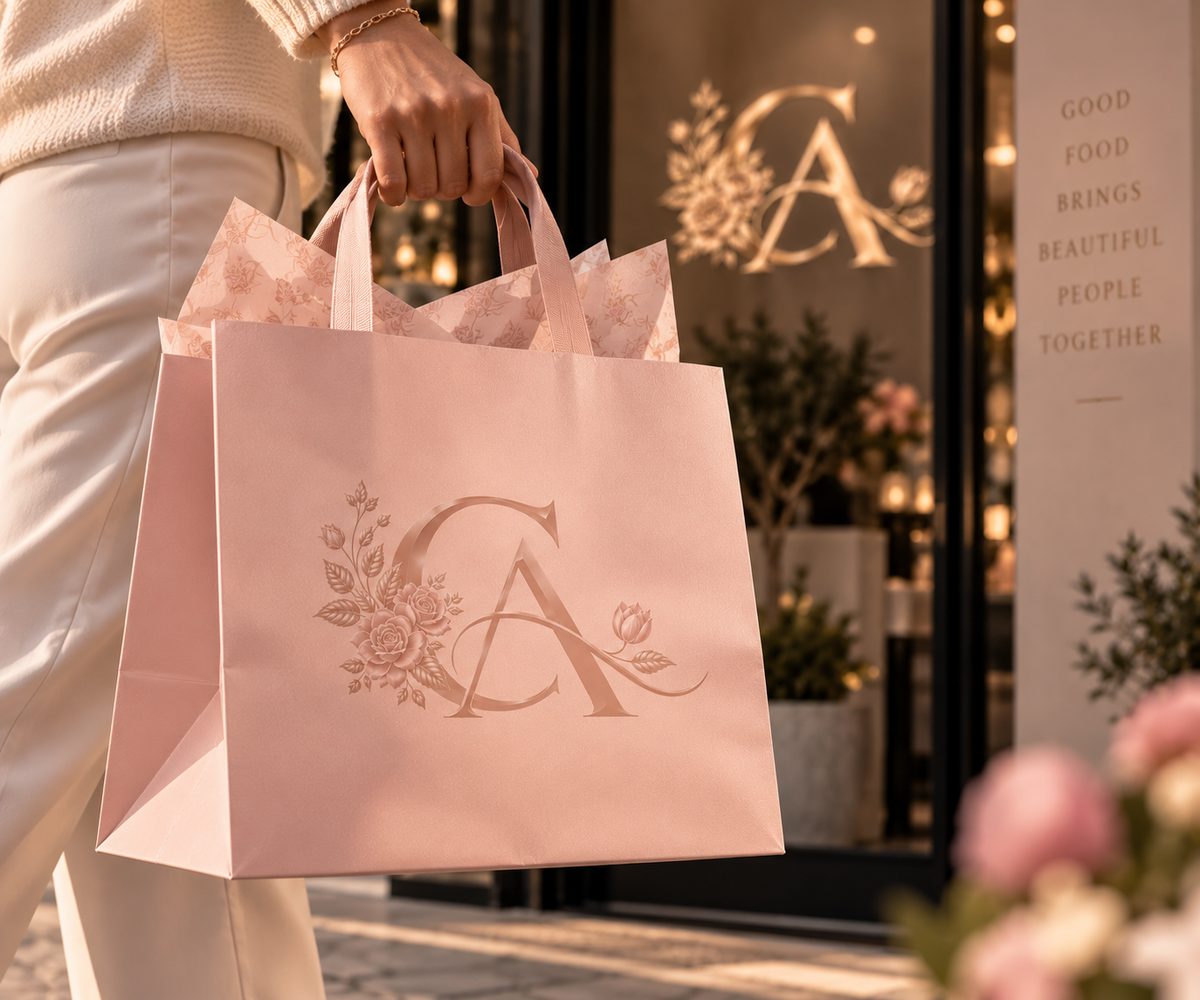 Concept visualization: a guest carrying a blush Crysandra’s bag with the floral monogram past a lit entrance