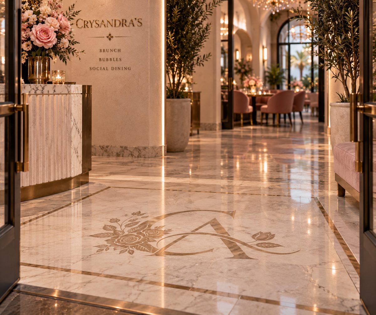 Concept visualization: the floral CA monogram inlaid in gold into a marble entry hall, with the wordmark on the wall beyond
