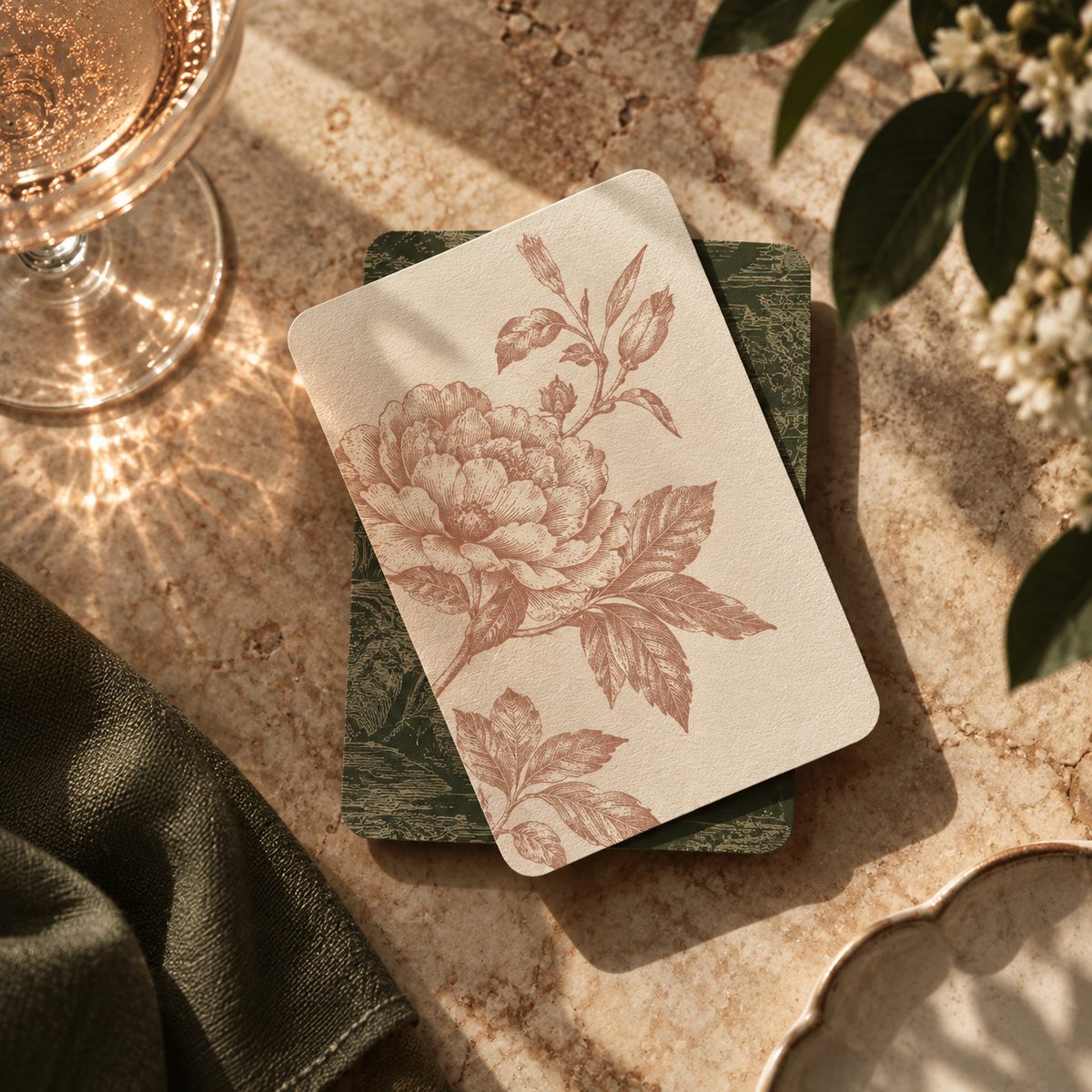 Art direction study: a botanical illustration card on warm stone beside olive linen and a glass of champagne