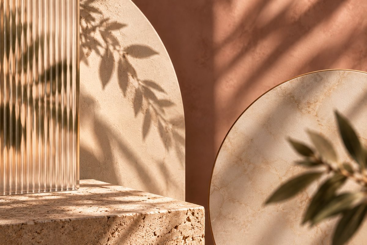 Art direction study: fluted glass and a travertine disc under moving leaf shadow