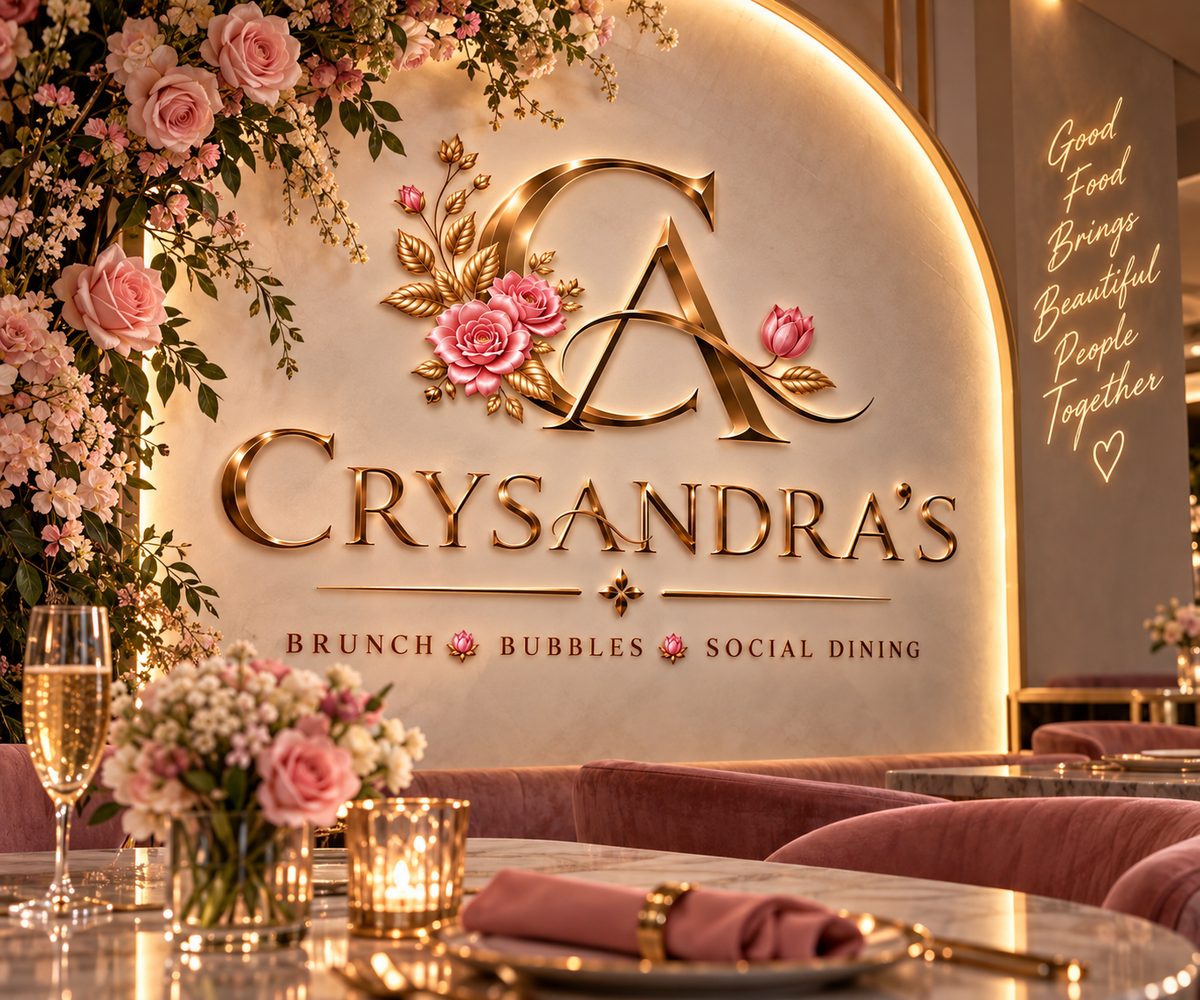 Concept visualization: a backlit arched feature wall carrying the full Crysandra’s logo, with velvet seating and candlelit tables