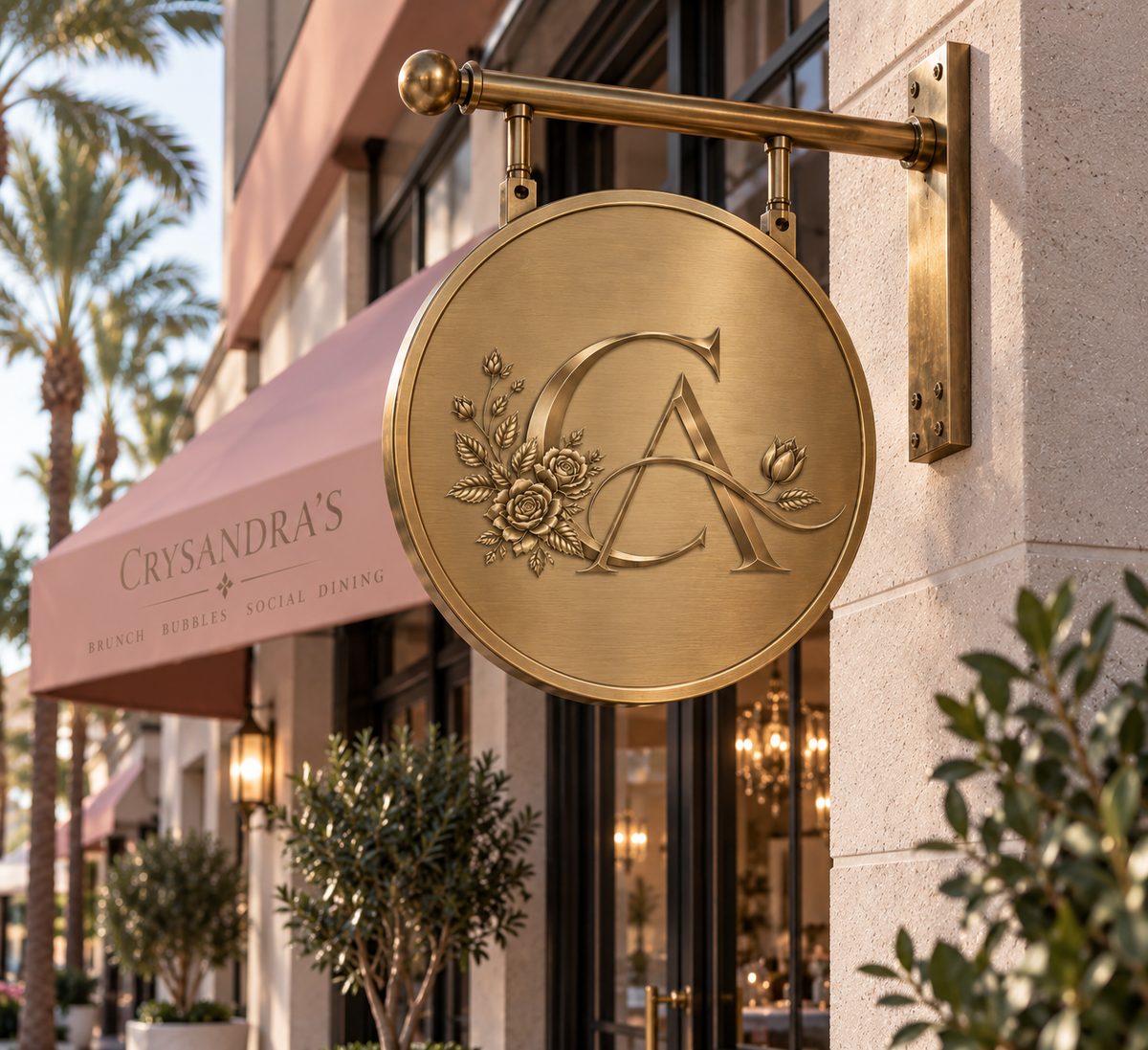 Concept visualization: a brass blade sign carrying the floral CA monogram above a blush awning