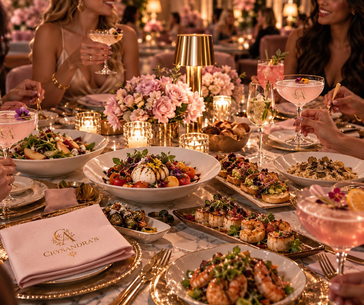 Concept visualization: friends laughing and toasting over a shared table of small plates, roses and candlelight