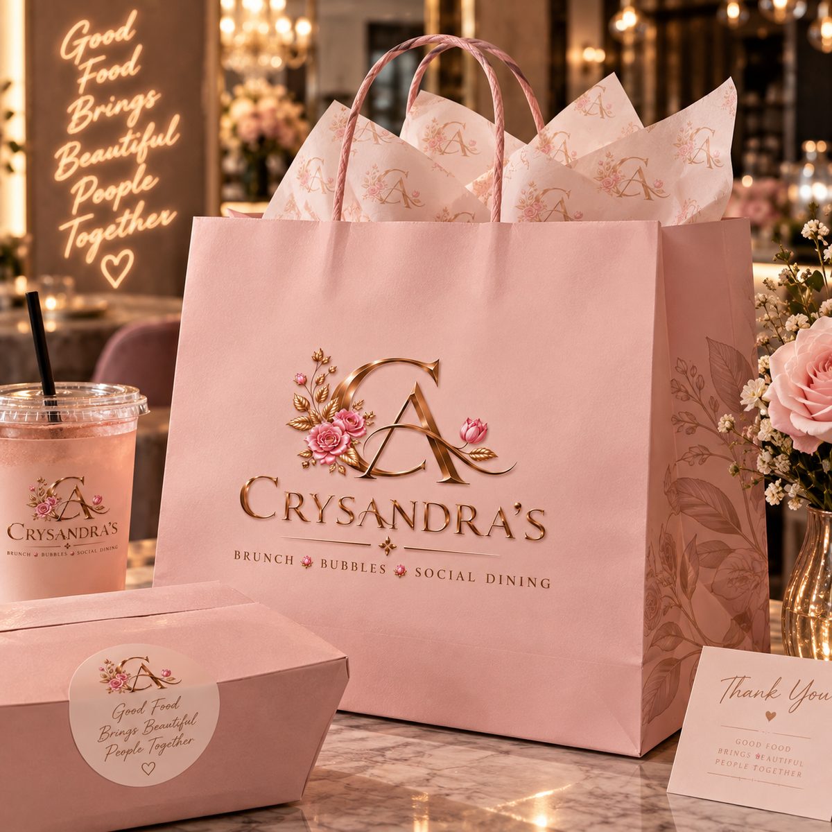 Concept visualization: coordinated Crysandra’s to-go packaging — bag, box, cup and a thank-you card