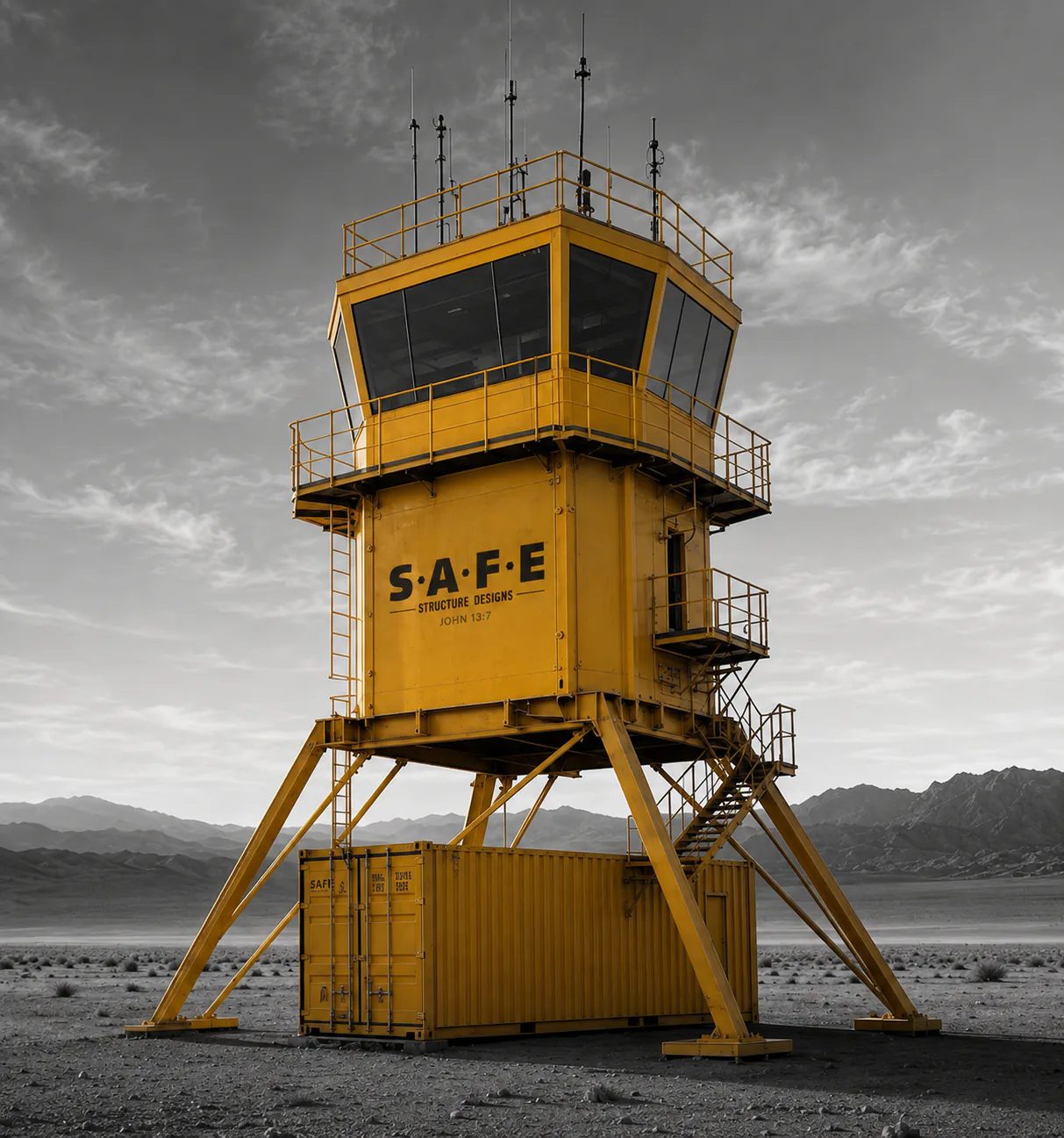Visualization of a yellow S.A.F.E. air traffic control tower on a steel base