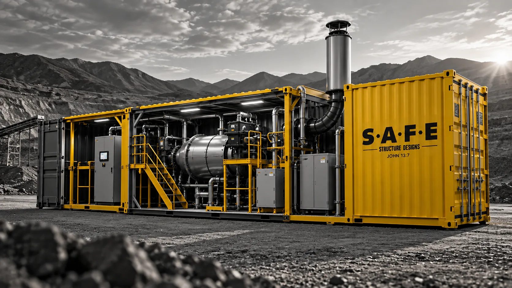 A S.A.F.E. containerized critical-minerals recovery unit staged at a mine site