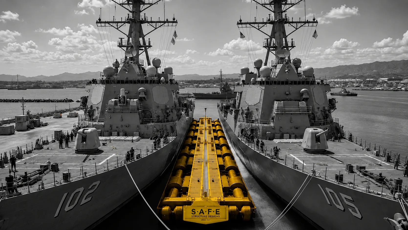 Visualization: a yellow S.A.F.E. ship separator positioned between two Navy destroyers at dock