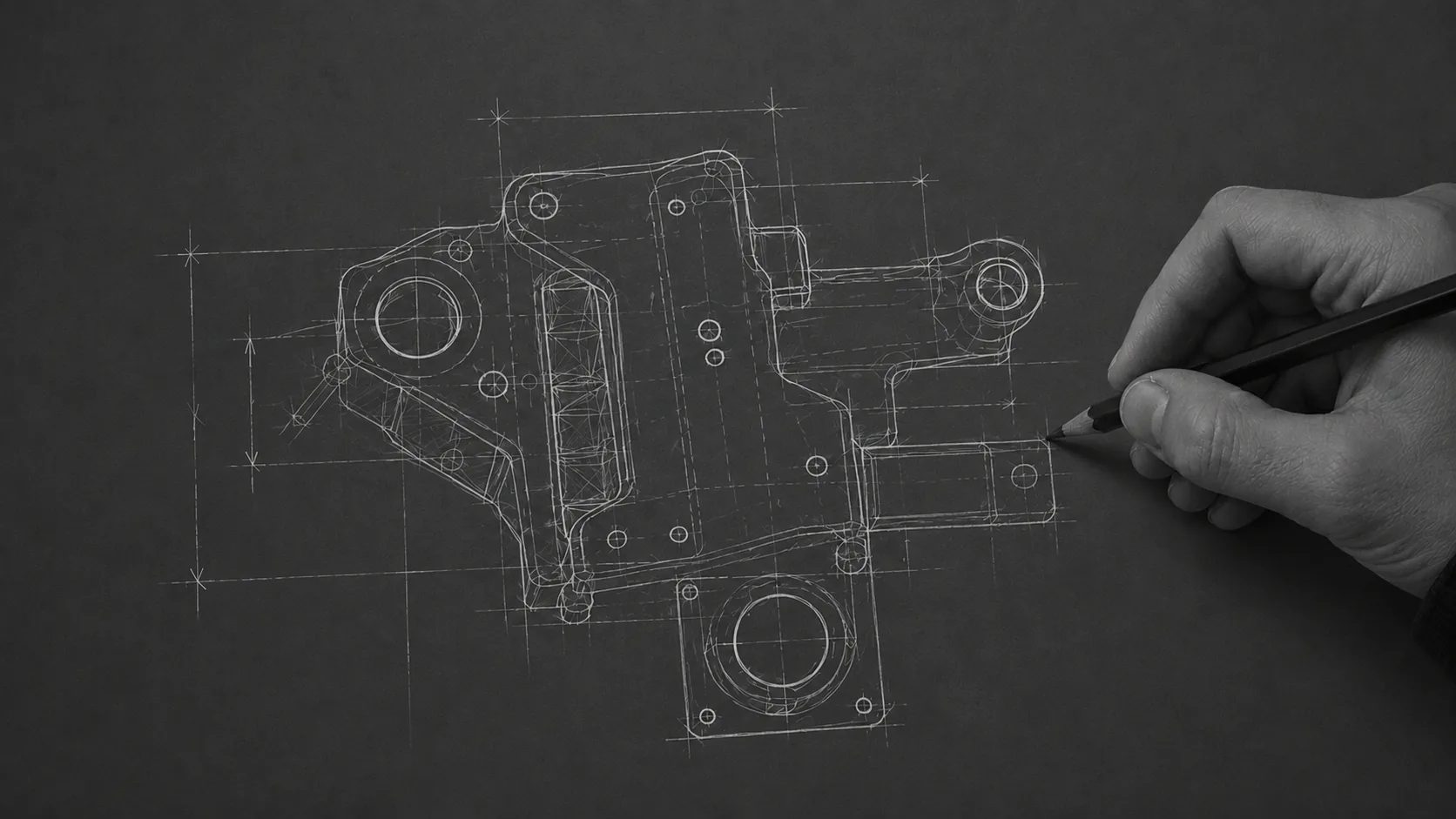 A hand sketching the blueprint of a machined bracket in pencil