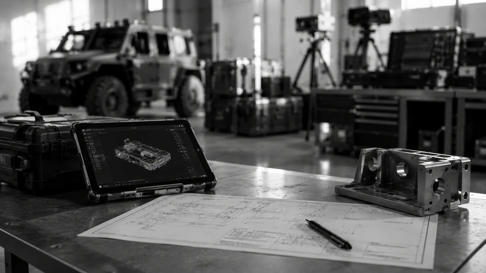 An engineering workbench with a CAD tablet, technical drawing and a machined part