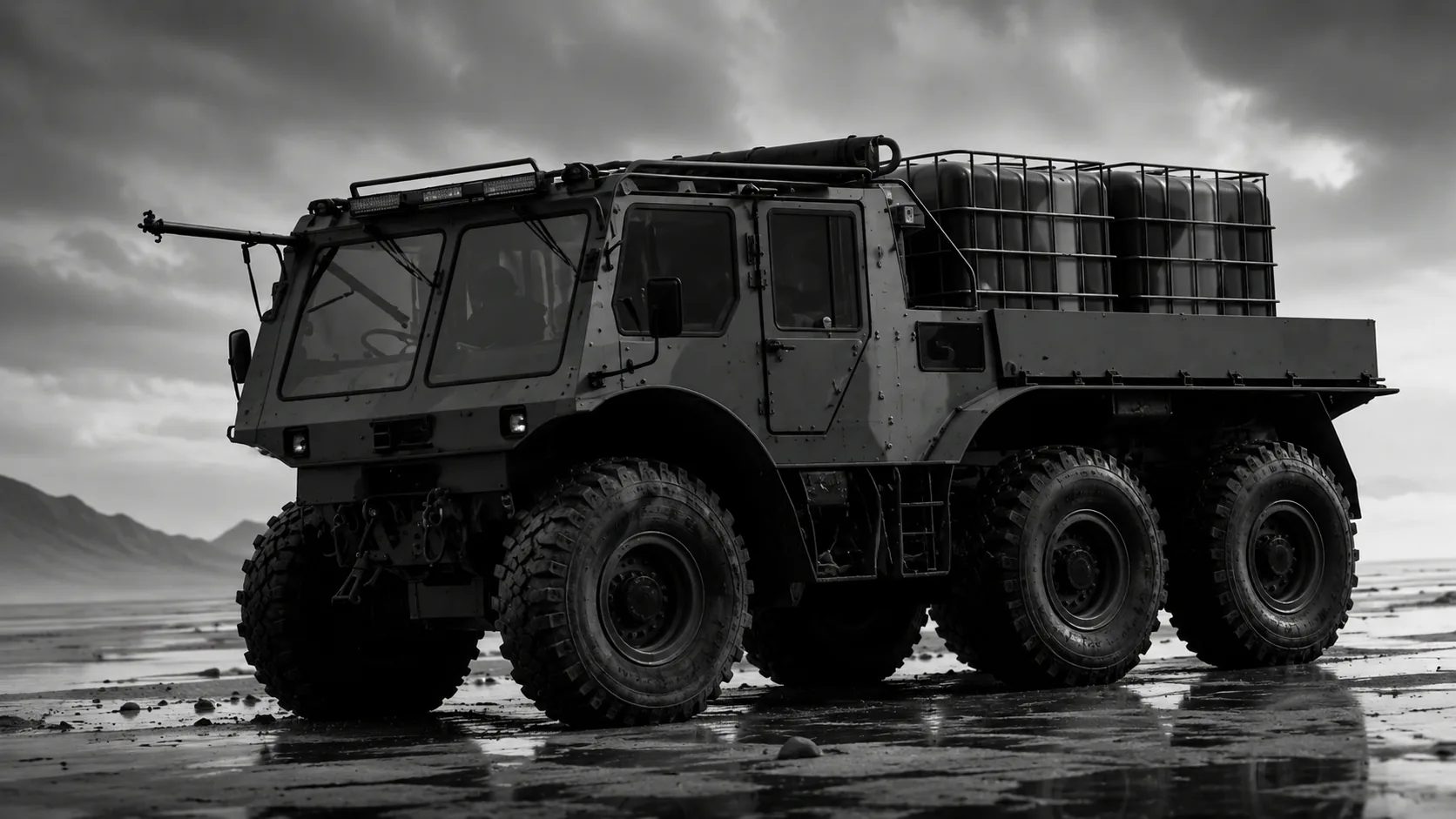 A six-wheel expeditionary support truck on a wet salt flat, in black and white