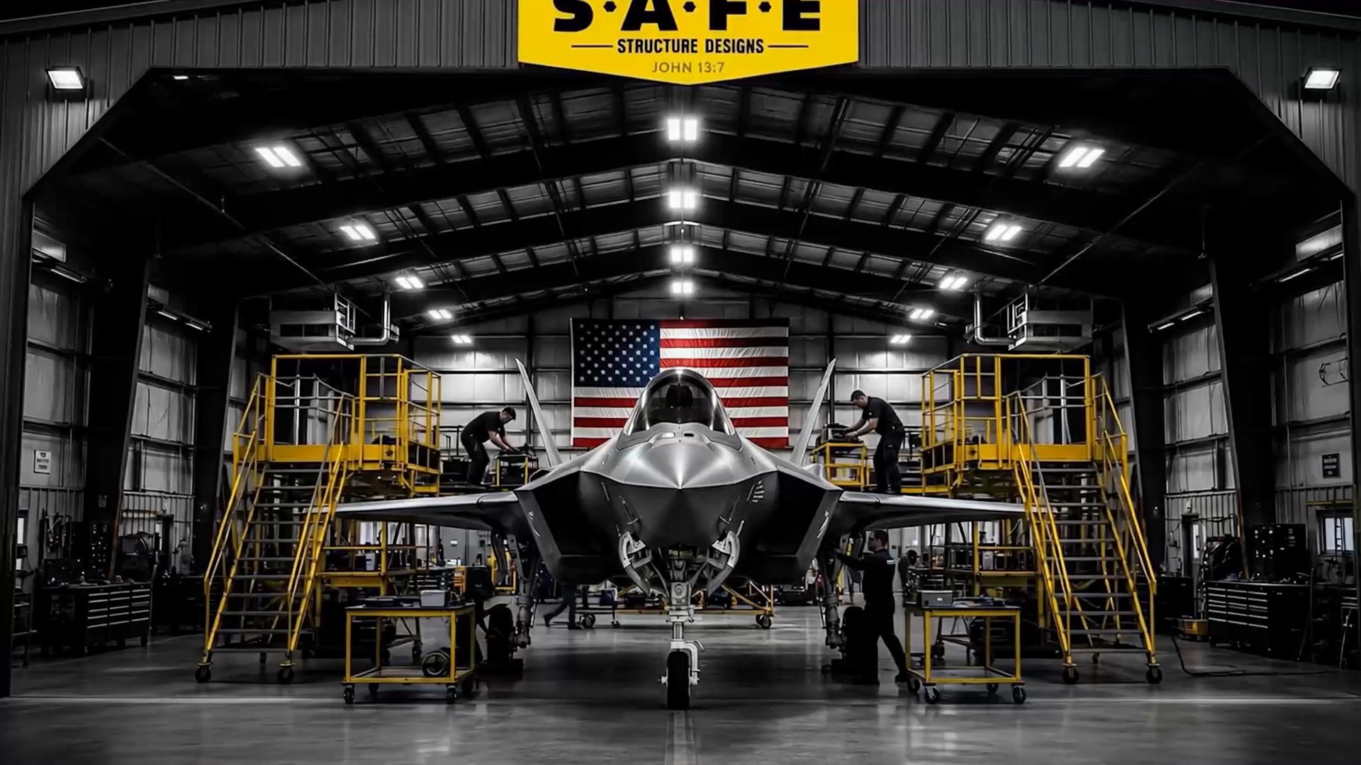 Frame from the S.A.F.E. homepage film: a hangar with yellow S.A.F.E. maintenance platforms around a fighter jet