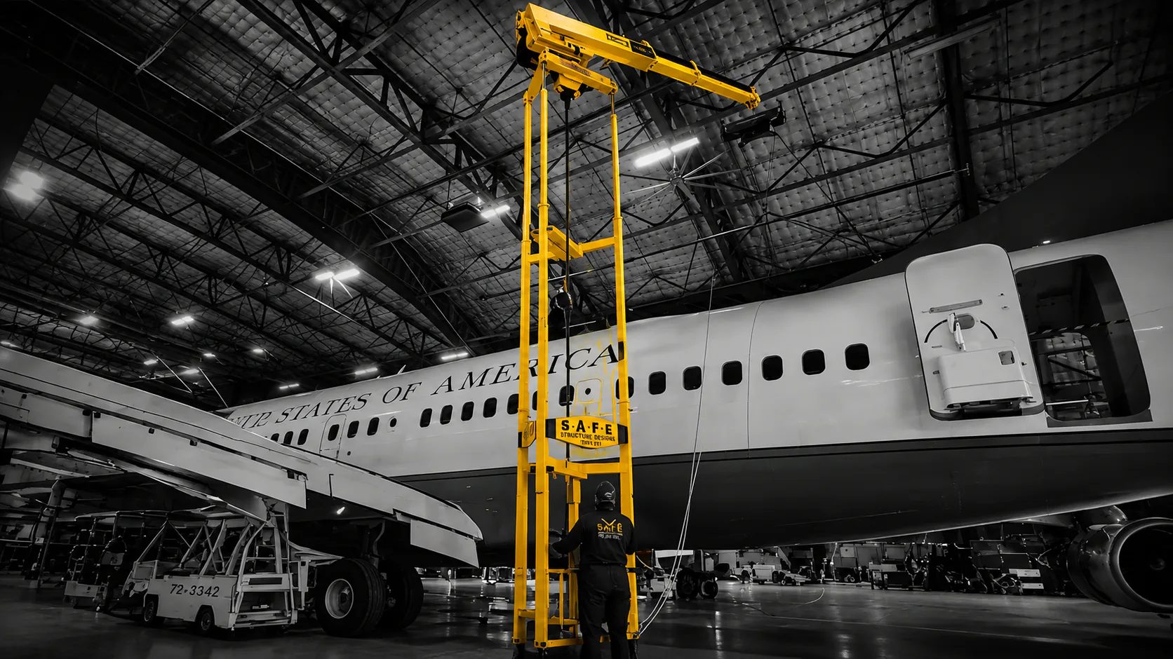 Visualization: a yellow S.A.F.E. hoist crane standing beside a United States of America aircraft in a hangar
