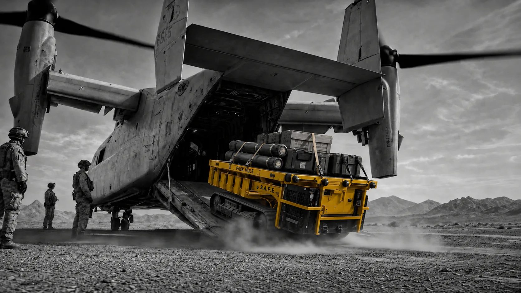 Product visualization: the yellow S.A.F.E. tracked cargo loader with pack-animal attachment