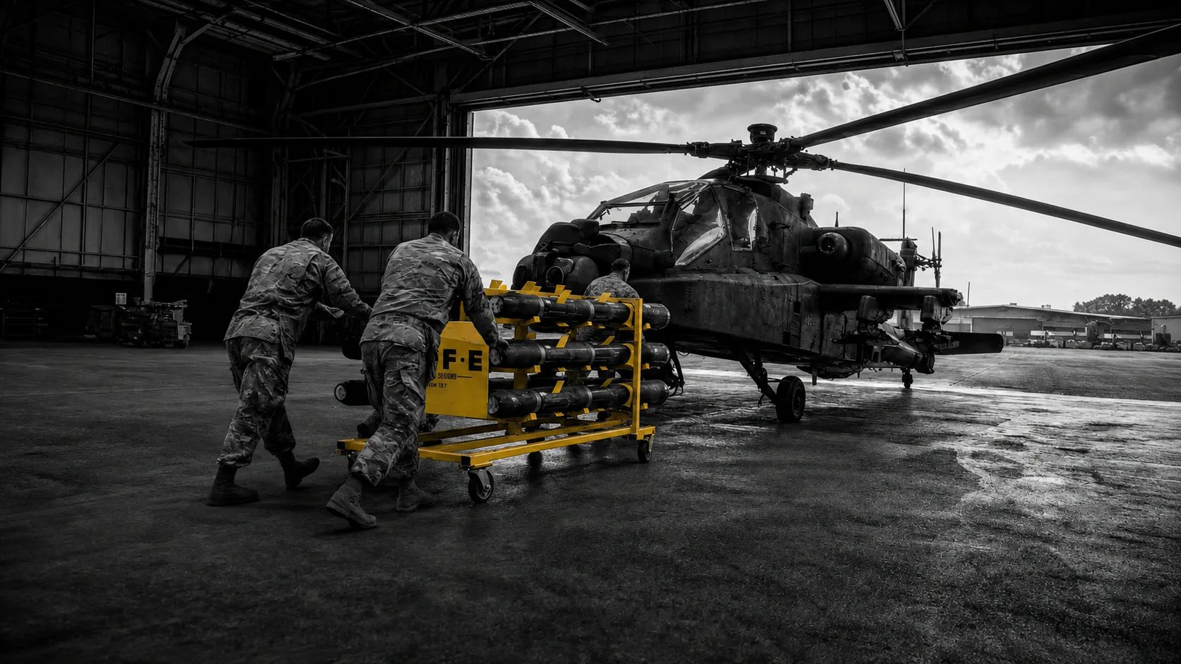 Visualization: soldiers moving a yellow S.A.F.E. munitions cart toward an attack helicopter in a hangar