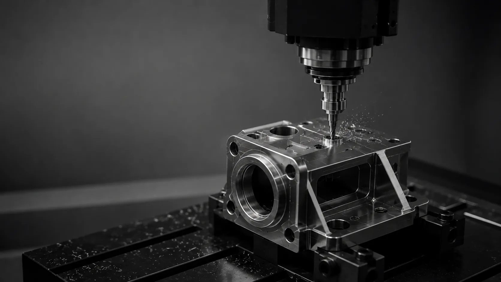 A CNC spindle machining the bracket from solid stock on the S.A.F.E. shop floor