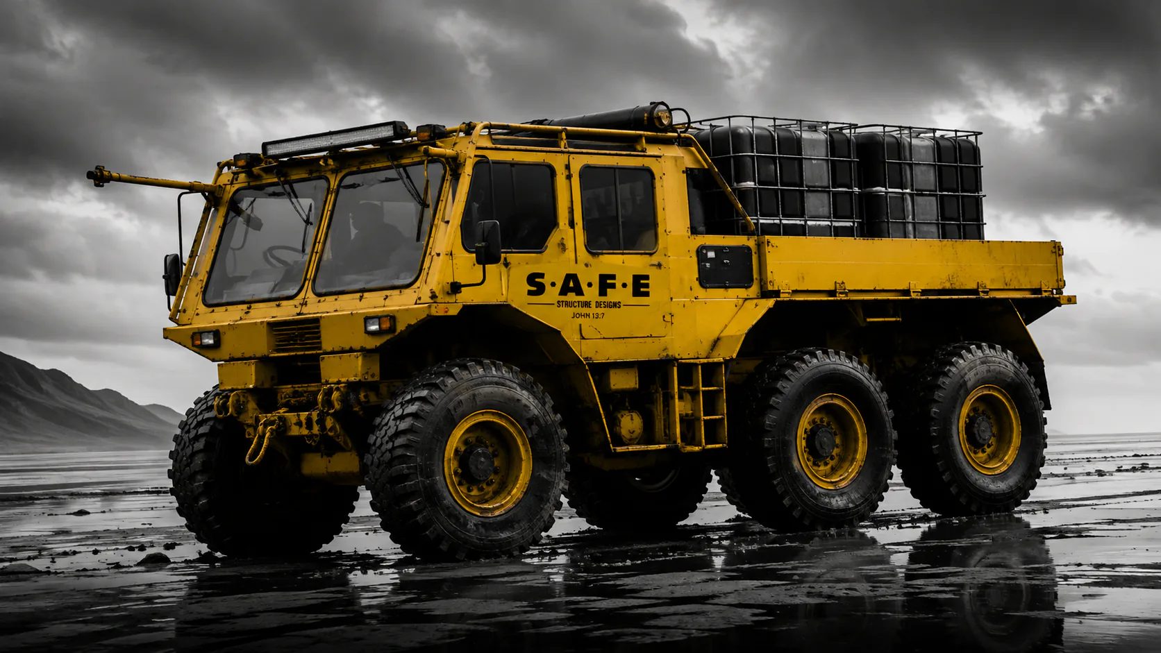 Product visualization: the S.A.F.E. 6x6 rough-terrain cargo truck in S.A.F.E. yellow