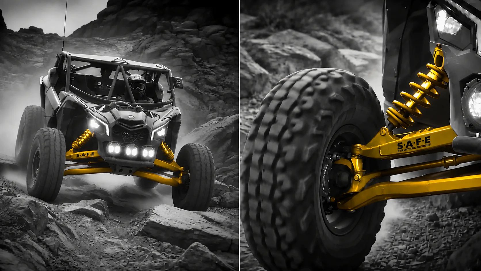 Visualization: a yellow S.A.F.E. rough-terrain side-by-side beside a close detail of its suspension