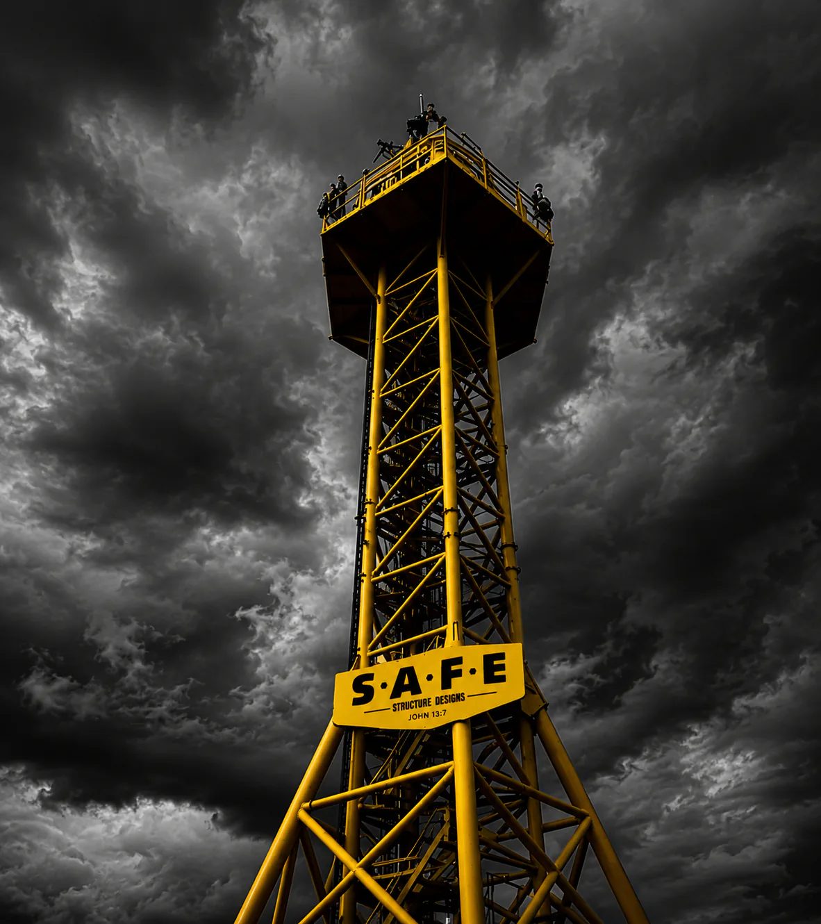 Visualization: a yellow S.A.F.E. steel tower rising into a stormy sky