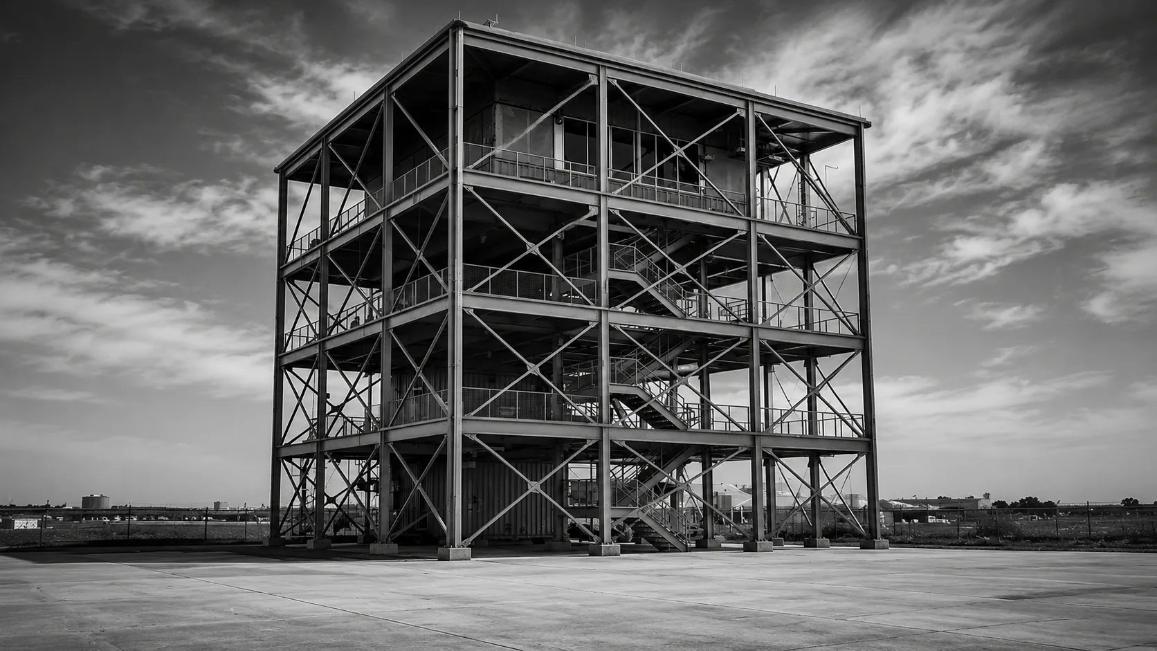 A multi-story steel-frame training tower under a dramatic sky
