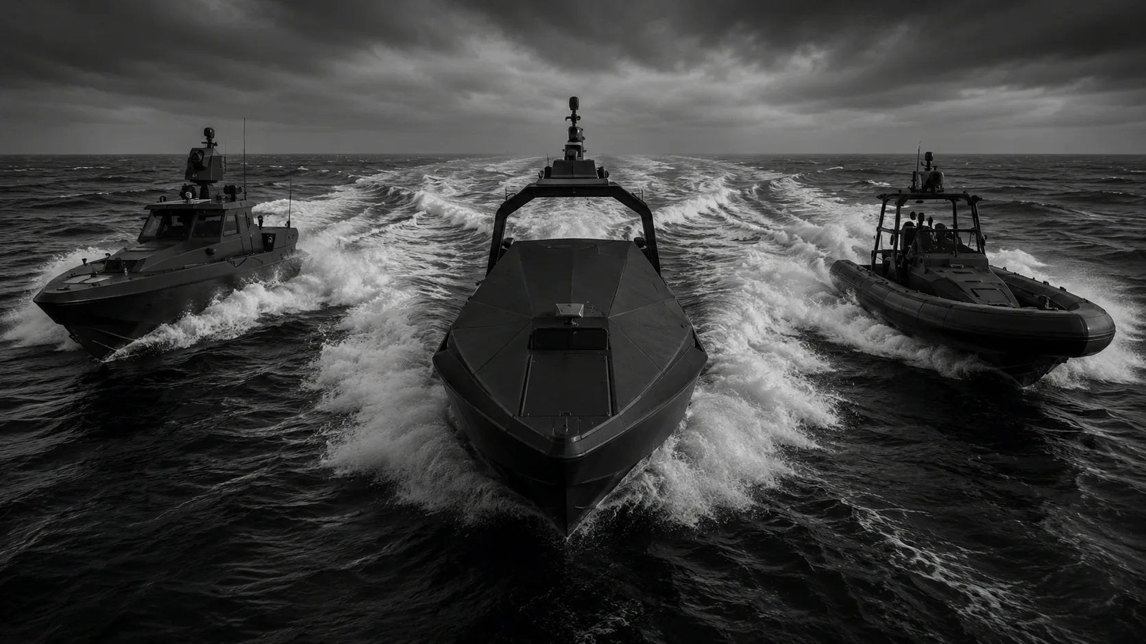 Three tactical patrol boats cutting through open water