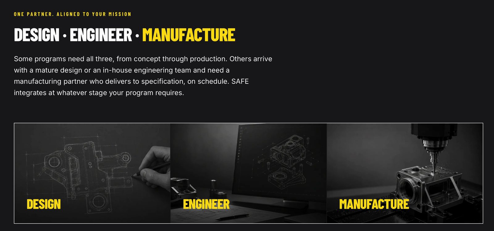 Detail of the S.A.F.E. homepage section titled Design, Engineer, Manufacture, with its introductory copy and three process panels