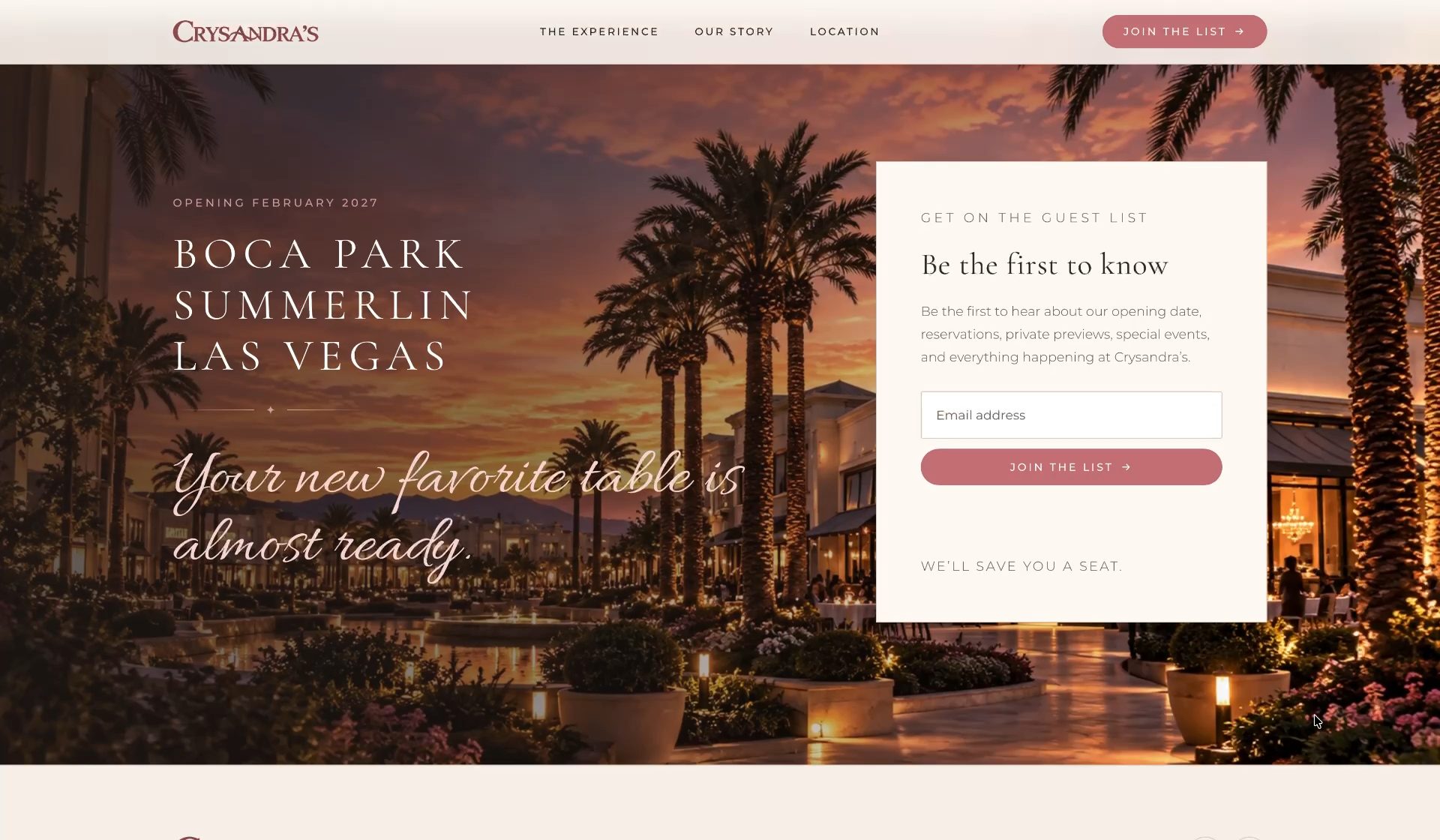 The guest-list section of crysandras.com: an email sign-up beside a dusk view of Boca Park